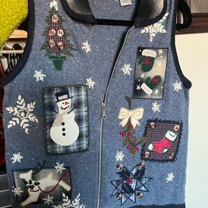 Festive Blue Holiday Vest with Snowman and Snowflake Designs
